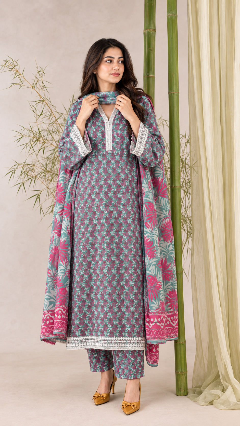 Stitched Danak 3-Piece Suit with Pashmina Shawl – Teal Floral Print