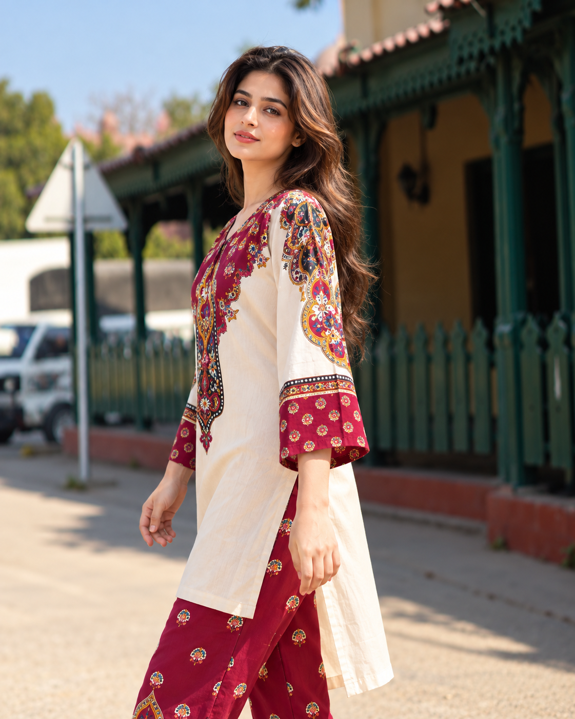 Stitched Winter Lelan 2-Piece Suit – Ivory & Maroon Printed Design