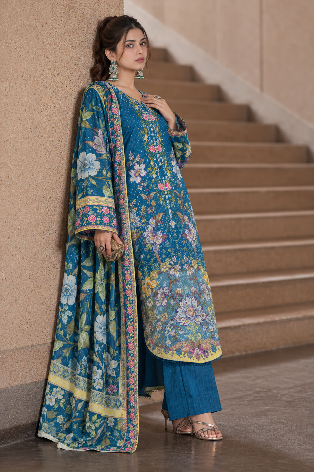 Stitched Danak 3-Piece Suit with Pashmina Shawl – Teal Floral Print