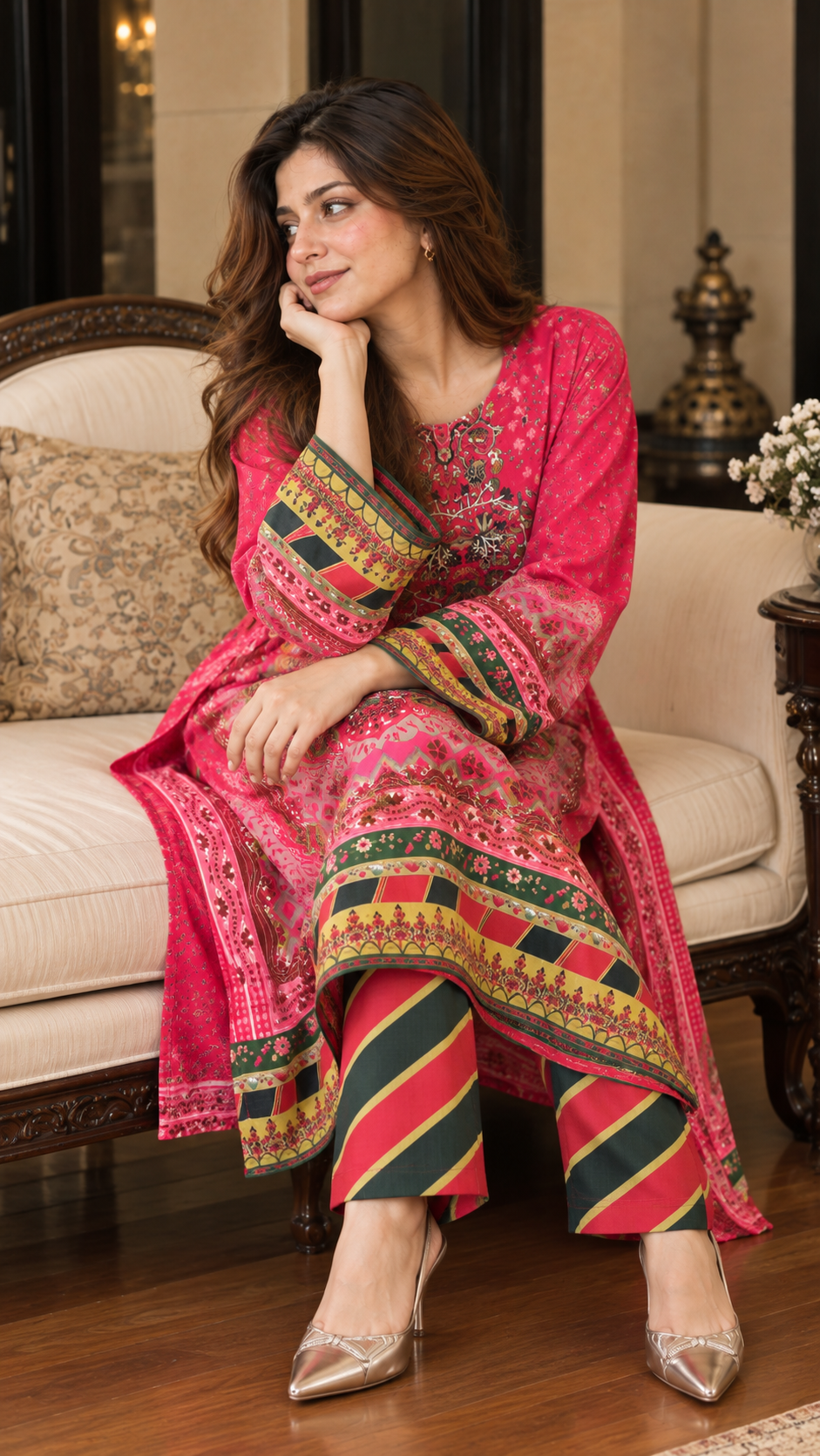Stitched Winter Lelan 2-Piece Suit – Magenta Printed Design