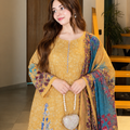 Mustard Embroidered 3-Piece Suit – Danak Shirt with Pashmina Shawl