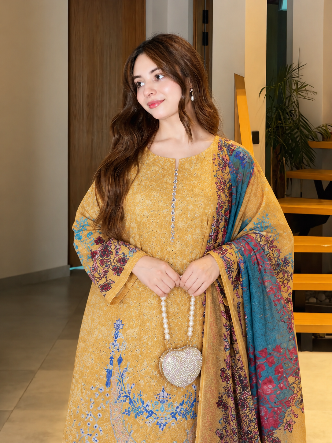 Mustard Embroidered 3-Piece Suit – Danak Shirt with Pashmina Shawl