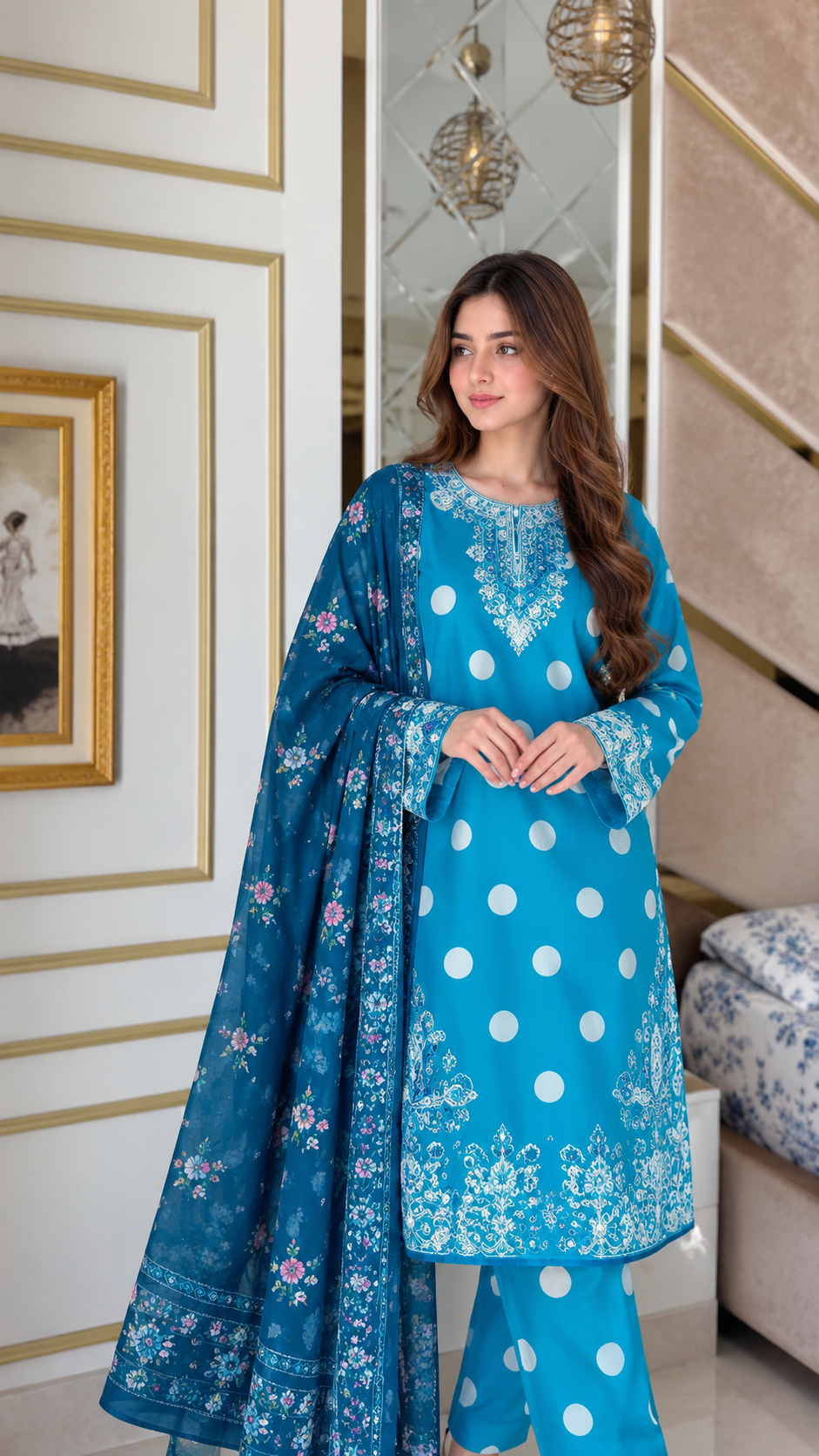 Stitched Danak 3-Piece Suit – Teal Blue Polka Dot Print