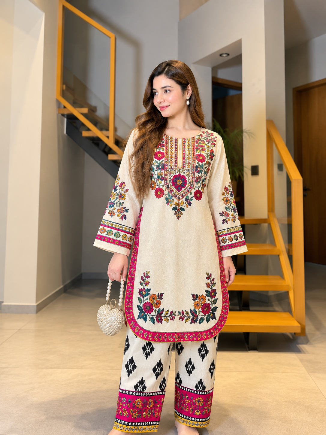 Embroidered Winter Lelan 2-Piece Stitched Suit – Cream & Multicolor
