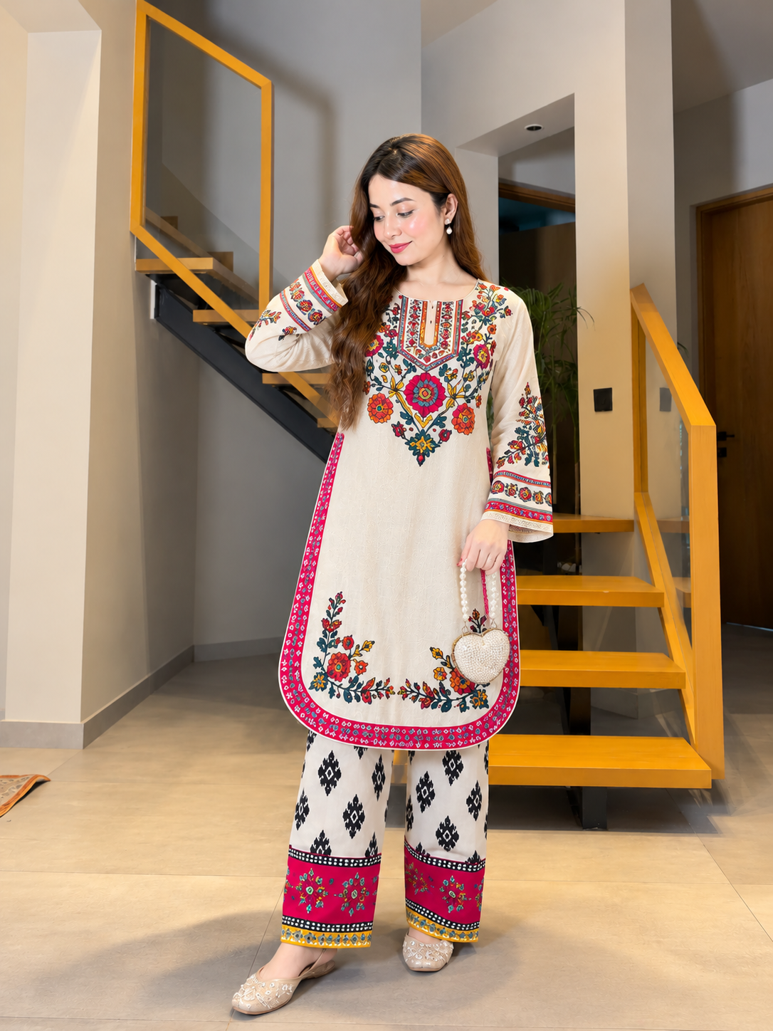 Embroidered Winter Lelan 2-Piece Stitched Suit – Cream & Multicolor