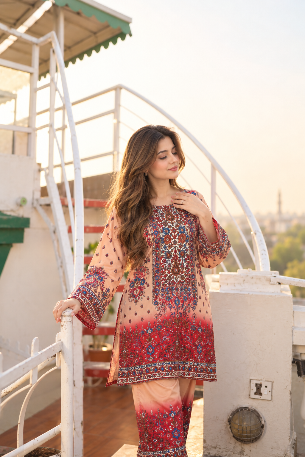 Stitched Winter Lelan 2-Piece Suit – Peach & Red Floral Print