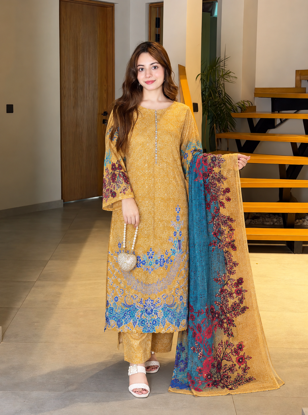 Mustard Embroidered 3-Piece Suit – Danak Shirt with Pashmina Shawl