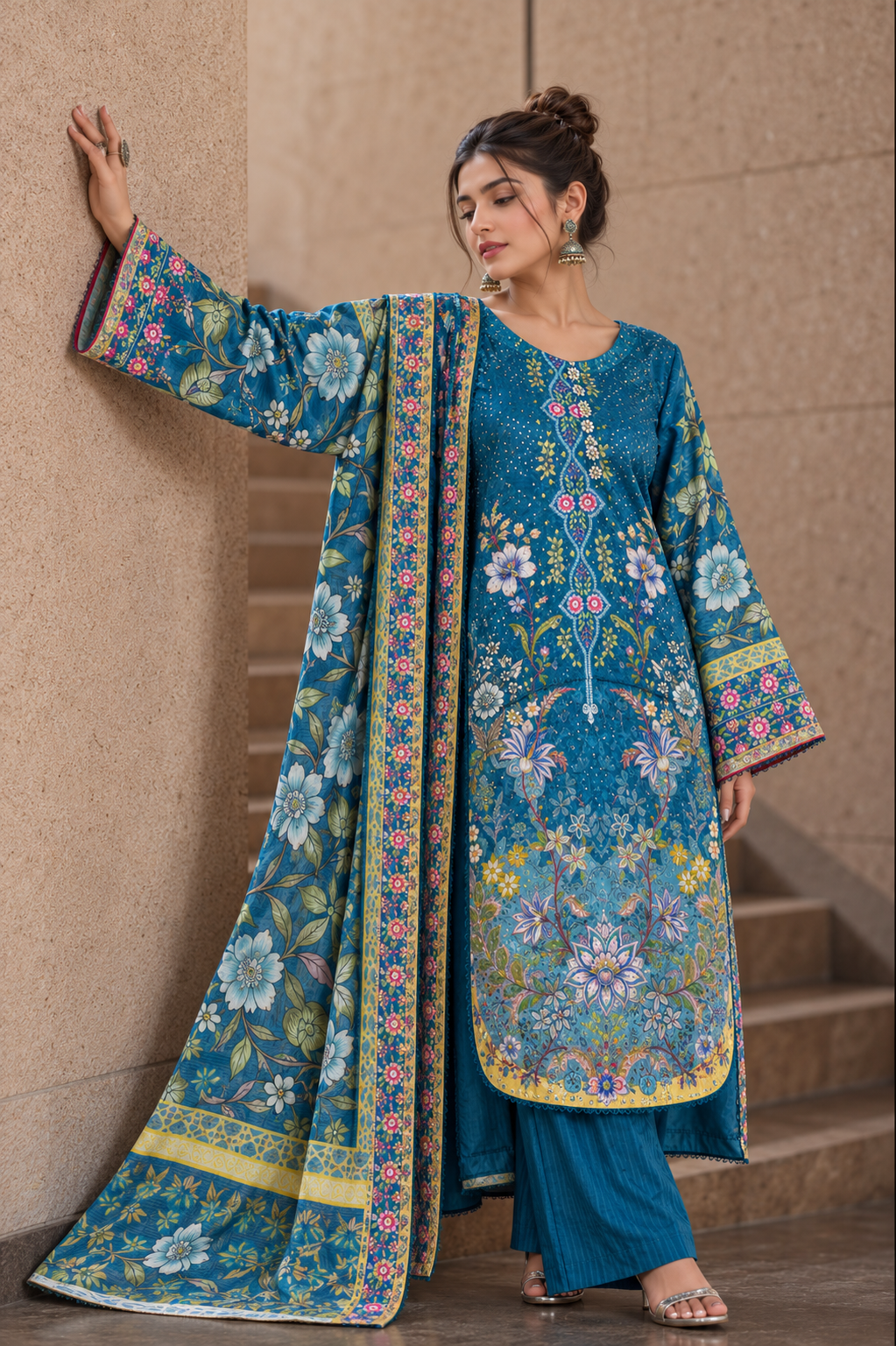 Stitched Danak 3-Piece Suit with Pashmina Shawl – Teal Floral Print