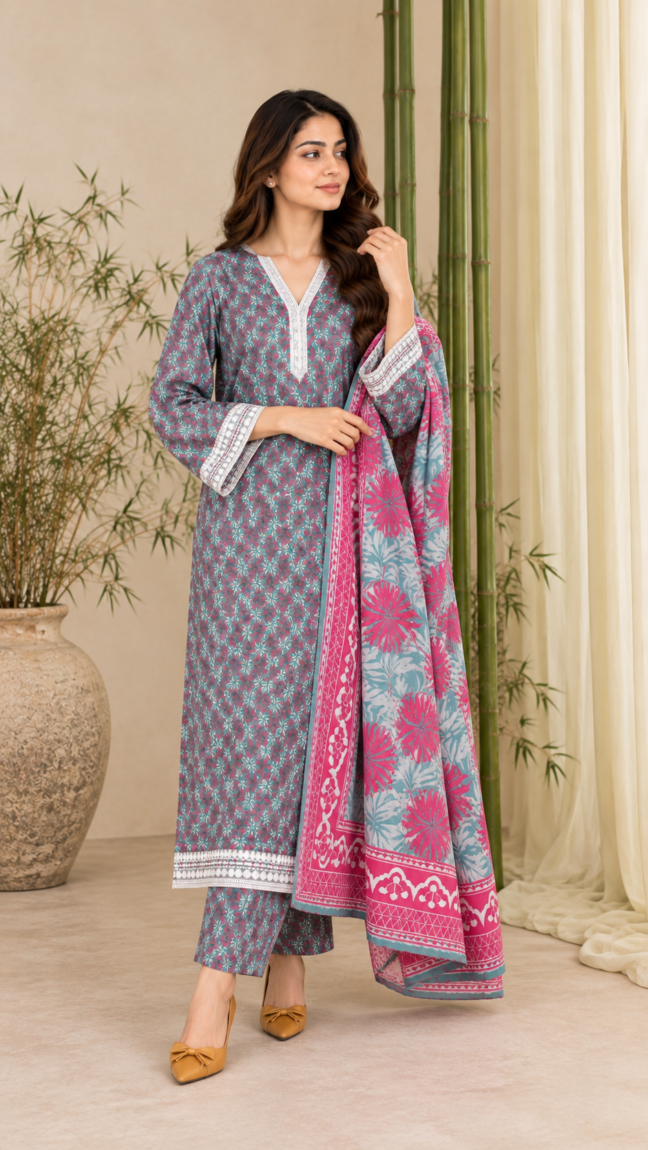Stitched Danak 3-Piece Suit with Pashmina Shawl – Teal Floral Print