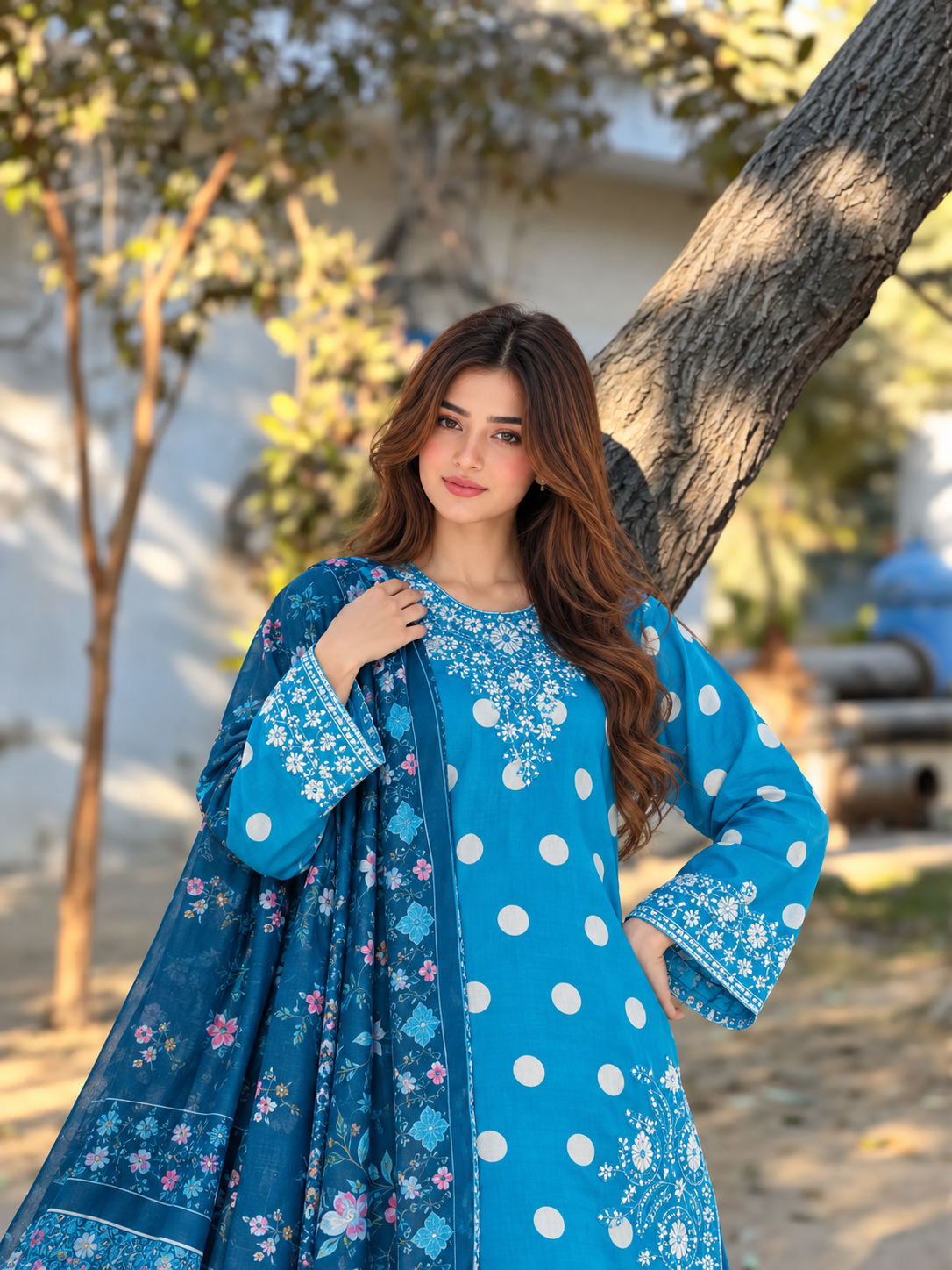 Stitched Danak 3-Piece Suit – Teal Blue Polka Dot Print