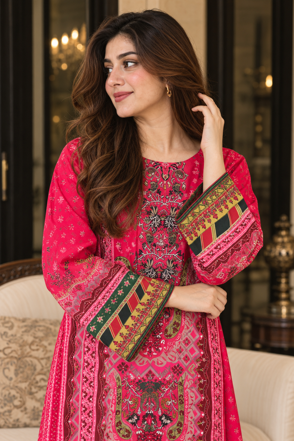 Stitched Winter Lelan 2-Piece Suit – Magenta Printed Design