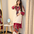 Stitched Winter Lelan 2-Piece Suit – Ivory & Maroon Printed Design